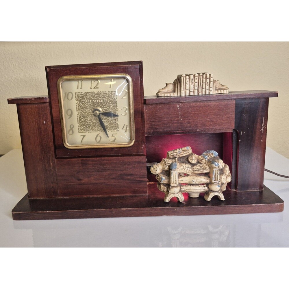 Vintage United Clock Corp Model 420 Mantel Clock Wood Fireplace Design USA Works